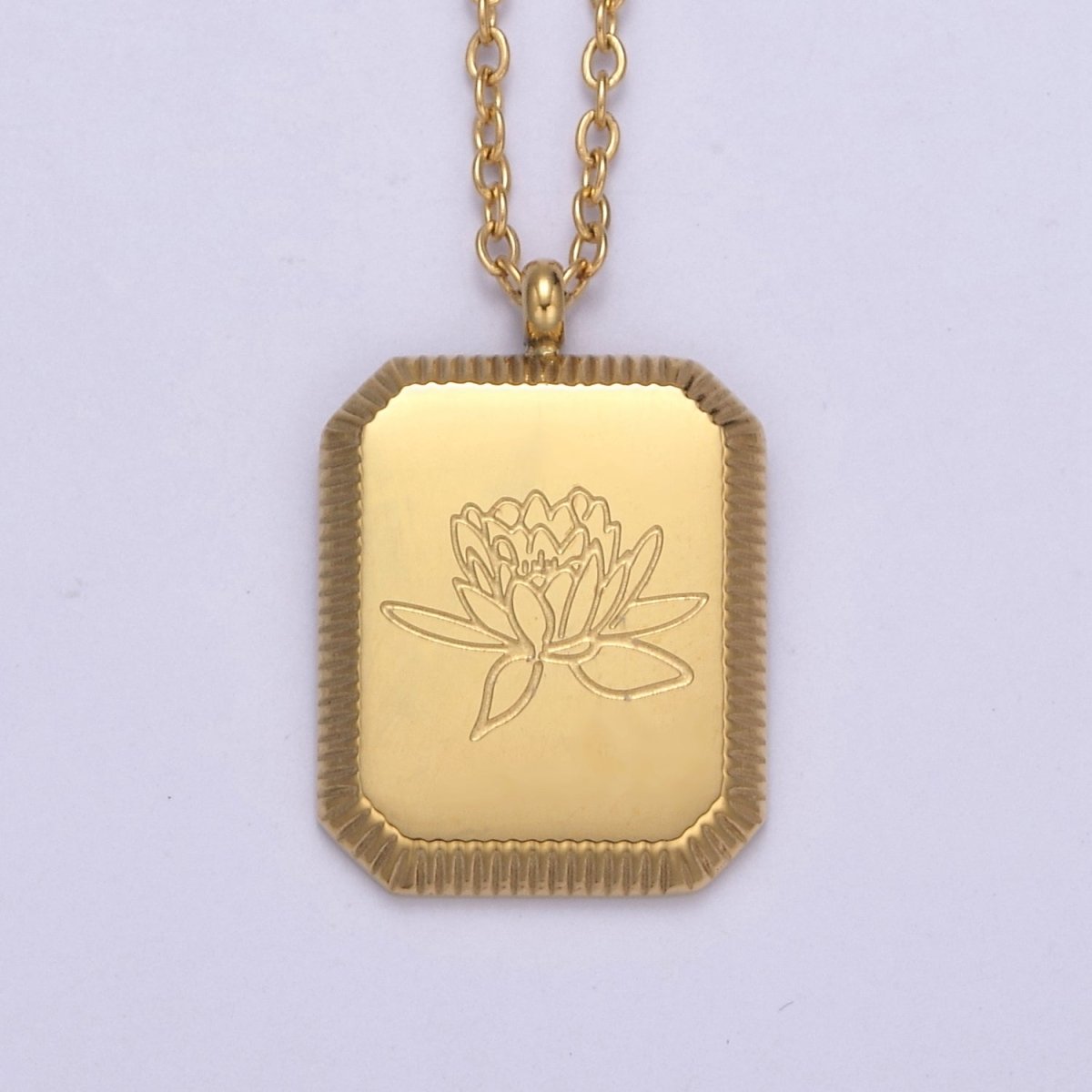 Gold Flower Tag Charm Engraved Floral Pendant Necklace with Cable Chain Necklace Wholesale Fashion Jewelry | WA-649 to WA-660 Clearance Pricing