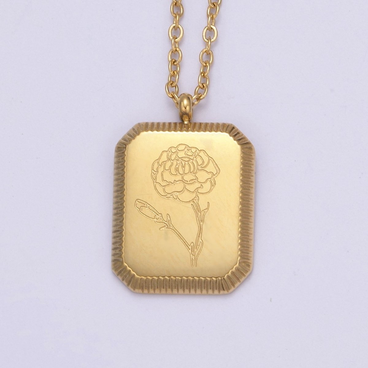 Gold Flower Tag Charm Engraved Floral Pendant Necklace with Cable Chain Necklace Wholesale Fashion Jewelry | WA-649 to WA-660 Clearance Pricing