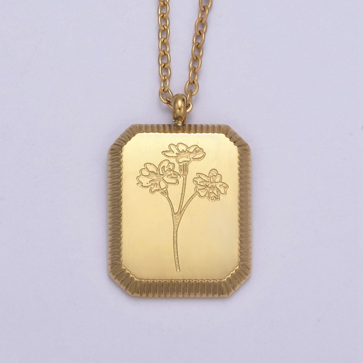 Gold Flower Tag Charm Engraved Floral Pendant Necklace with Cable Chain Necklace Wholesale Fashion Jewelry | WA-649 to WA-660 Clearance Pricing