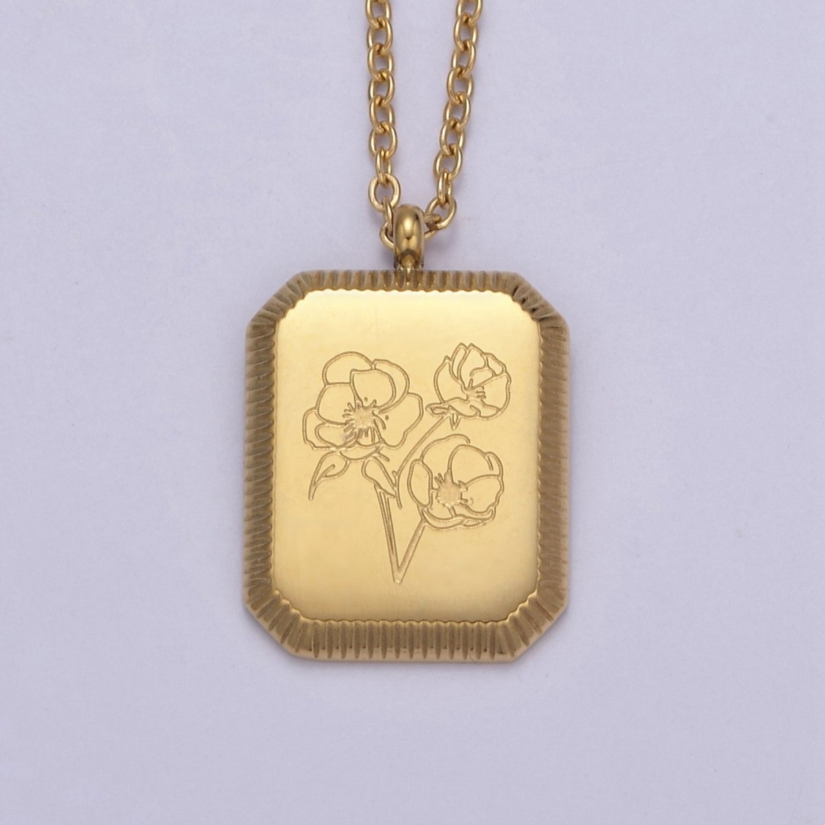 Gold Flower Tag Charm Engraved Floral Pendant Necklace with Cable Chain Necklace Wholesale Fashion Jewelry | WA-649 to WA-660 Clearance Pricing