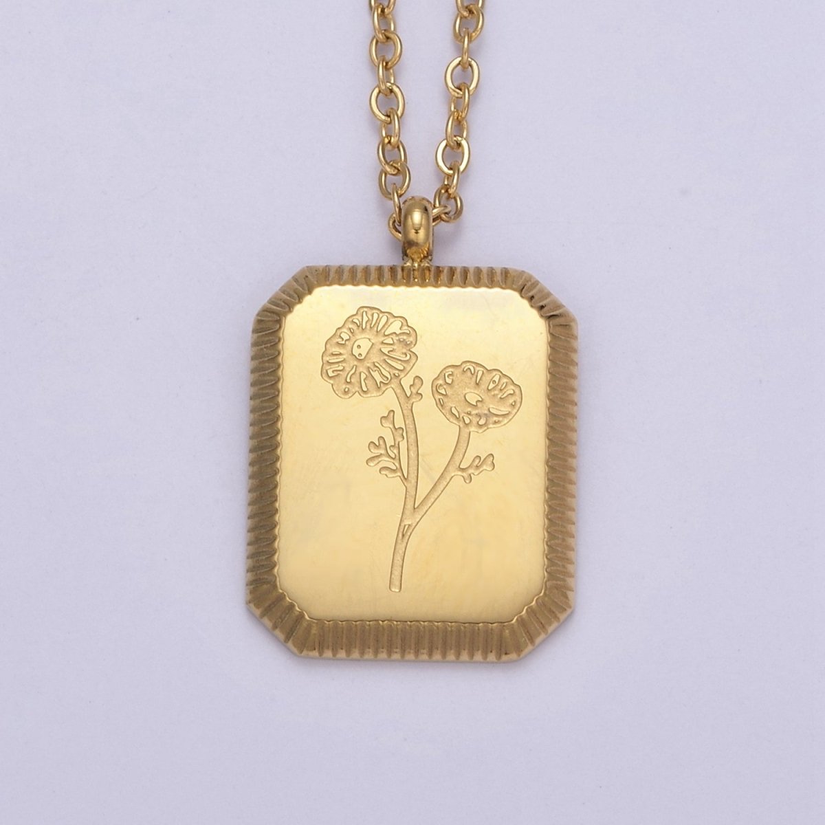 Gold Flower Tag Charm Engraved Floral Pendant Necklace with Cable Chain Necklace Wholesale Fashion Jewelry | WA-649 to WA-660 Clearance Pricing