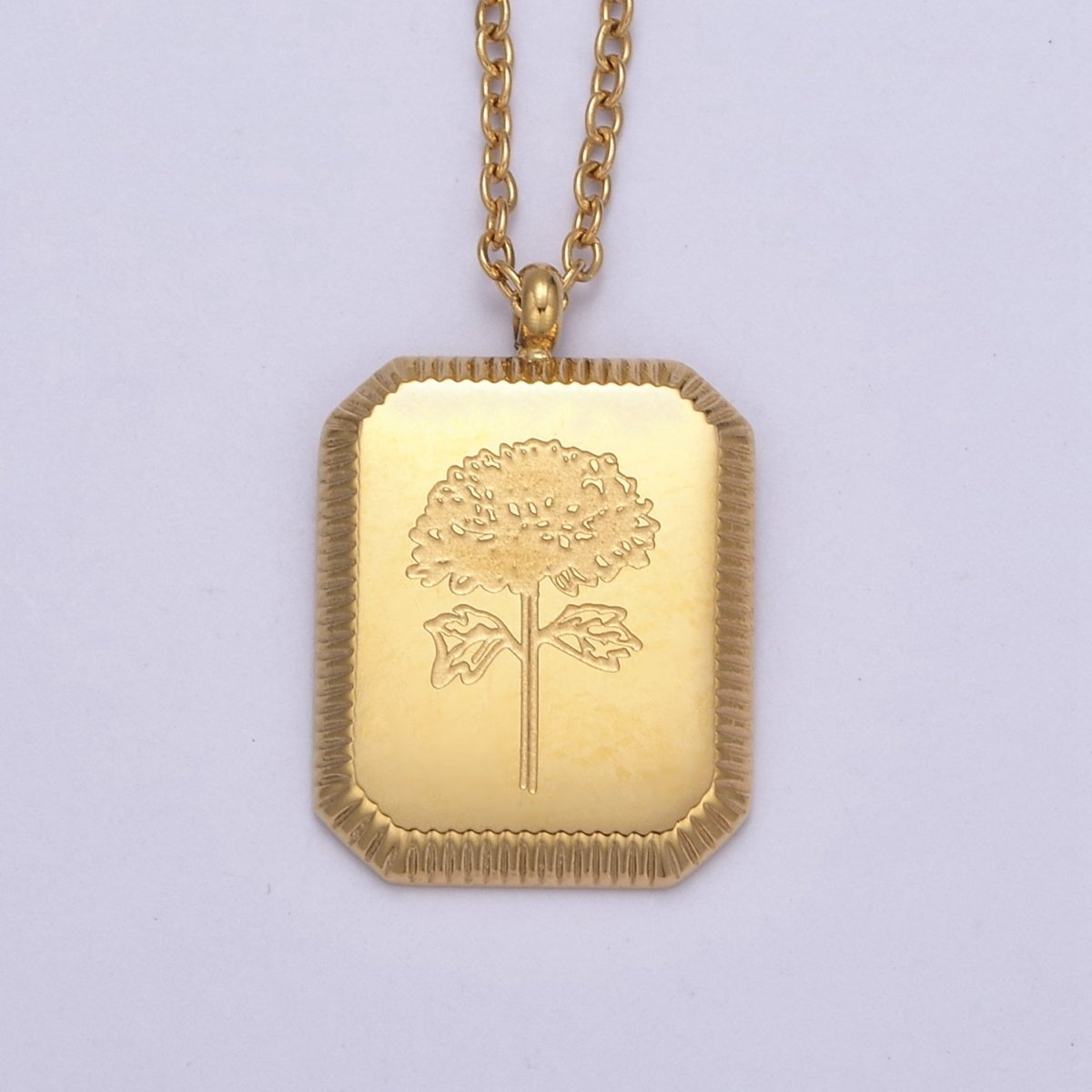 Gold Flower Tag Charm Engraved Floral Pendant Necklace with Cable Chain Necklace Wholesale Fashion Jewelry | WA-649 to WA-660 Clearance Pricing