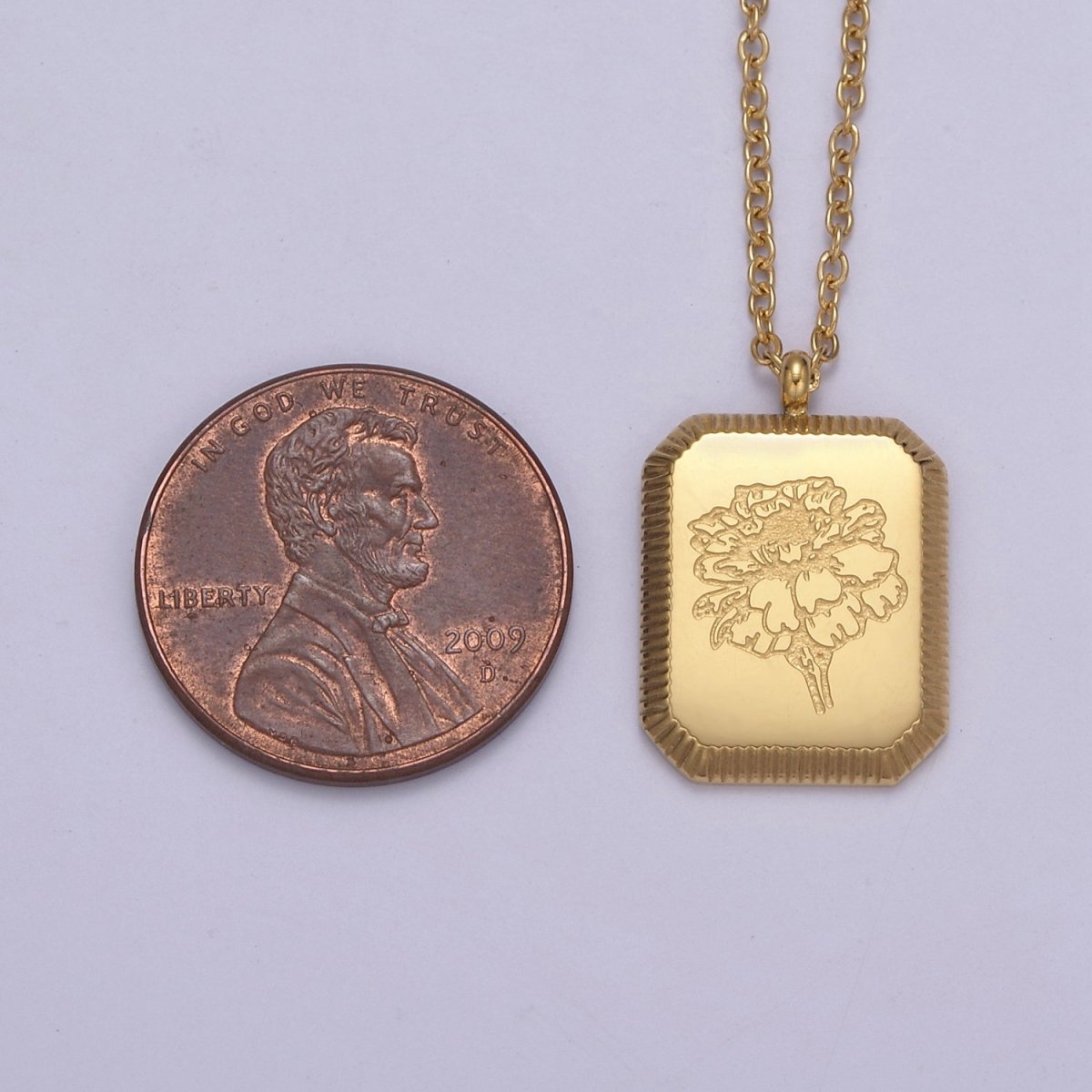 Gold Flower Tag Charm Engraved Floral Pendant Necklace with Cable Chain Necklace Wholesale Fashion Jewelry | WA-649 to WA-660 Clearance Pricing