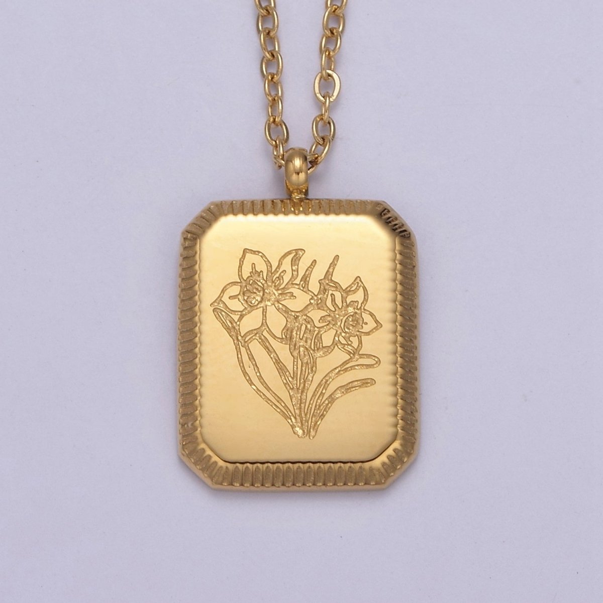 Gold Flower Tag Charm Engraved Floral Pendant Necklace with Cable Chain Necklace Wholesale Fashion Jewelry | WA-649 to WA-660 Clearance Pricing