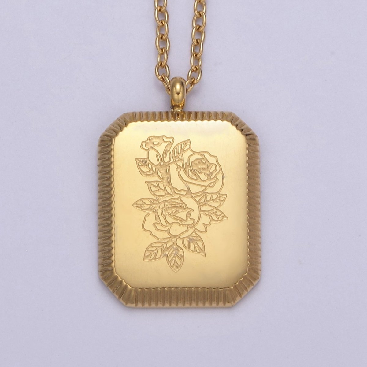 Gold Flower Tag Charm Engraved Floral Pendant Necklace with Cable Chain Necklace Wholesale Fashion Jewelry | WA-649 to WA-660 Clearance Pricing