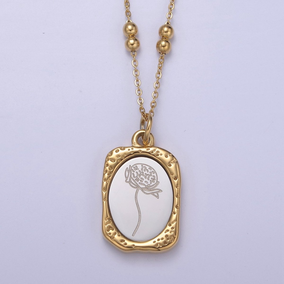 Gold Flower Tag Charm Engraved Floral Pendant Necklace with Satellite Chain Necklace Wholesale Fashion Jewelry | WA-708 to WA-720 Clearance Pricing
