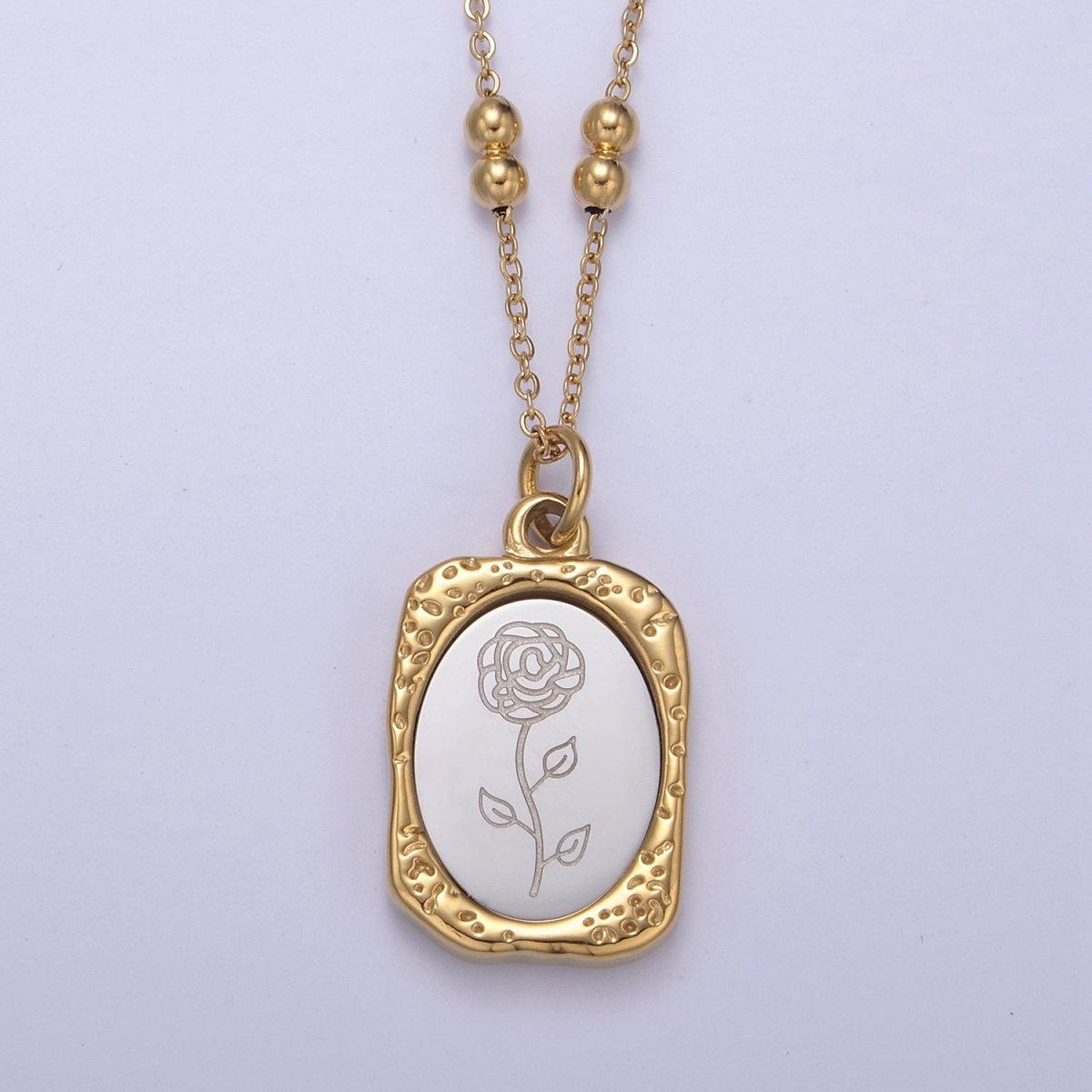 Gold Flower Tag Charm Engraved Floral Pendant Necklace with Satellite Chain Necklace Wholesale Fashion Jewelry | WA-708 to WA-720 Clearance Pricing