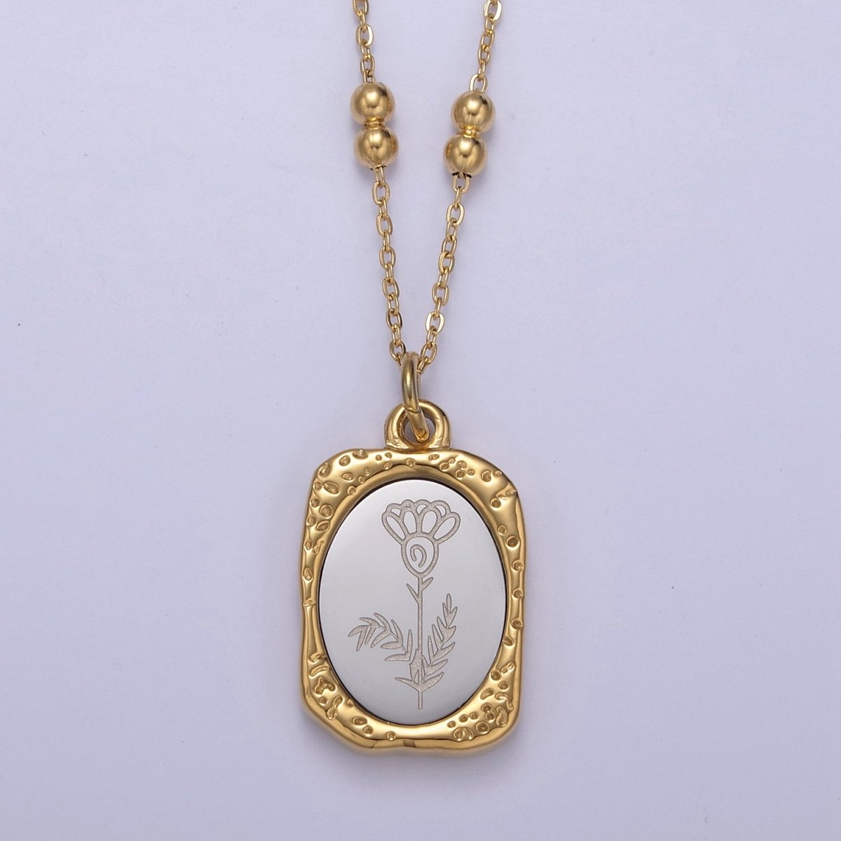 Gold Flower Tag Charm Engraved Floral Pendant Necklace with Satellite Chain Necklace Wholesale Fashion Jewelry | WA-708 to WA-720 Clearance Pricing