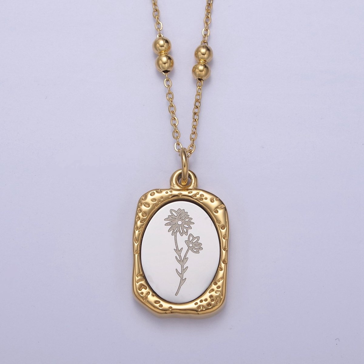 Gold Flower Tag Charm Engraved Floral Pendant Necklace with Satellite Chain Necklace Wholesale Fashion Jewelry | WA-708 to WA-720 Clearance Pricing