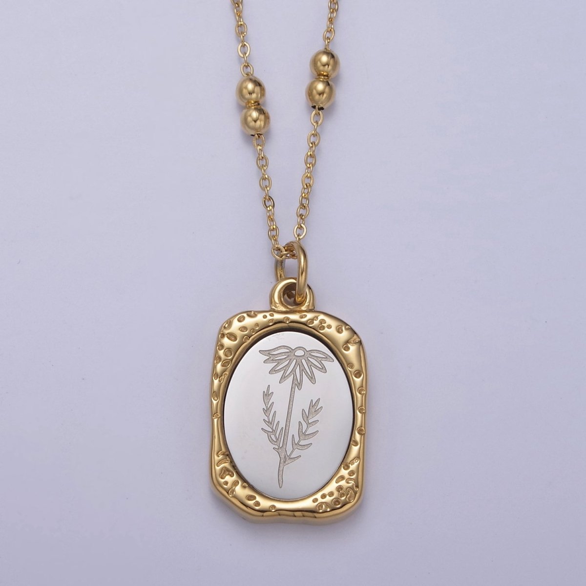 Gold Flower Tag Charm Engraved Floral Pendant Necklace with Satellite Chain Necklace Wholesale Fashion Jewelry | WA-708 to WA-720 Clearance Pricing