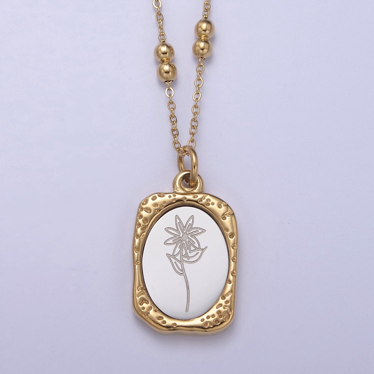Gold Flower Tag Charm Engraved Floral Pendant Necklace with Satellite Chain Necklace Wholesale Fashion Jewelry | WA-708 to WA-720 Clearance Pricing