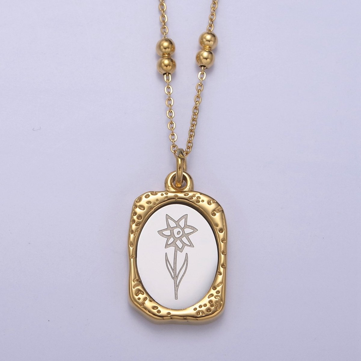 Gold Flower Tag Charm Engraved Floral Pendant Necklace with Satellite Chain Necklace Wholesale Fashion Jewelry | WA-708 to WA-720 Clearance Pricing