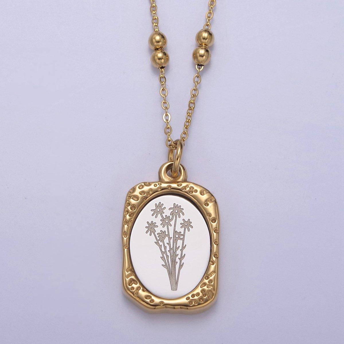 Gold Flower Tag Charm Engraved Floral Pendant Necklace with Satellite Chain Necklace Wholesale Fashion Jewelry | WA-708 to WA-720 Clearance Pricing