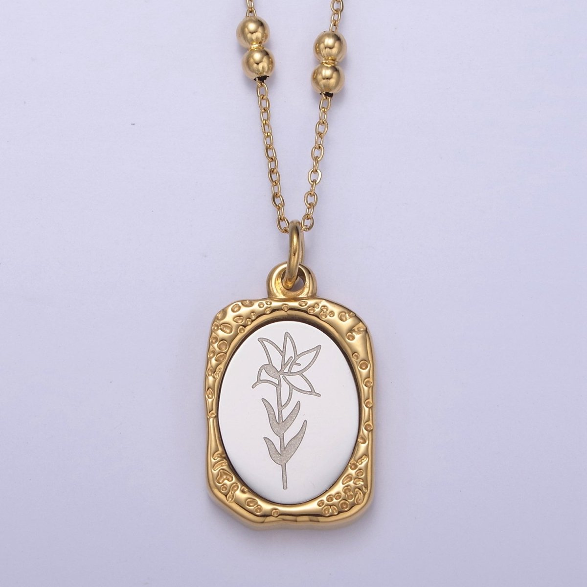 Gold Flower Tag Charm Engraved Floral Pendant Necklace with Satellite Chain Necklace Wholesale Fashion Jewelry | WA-708 to WA-720 Clearance Pricing