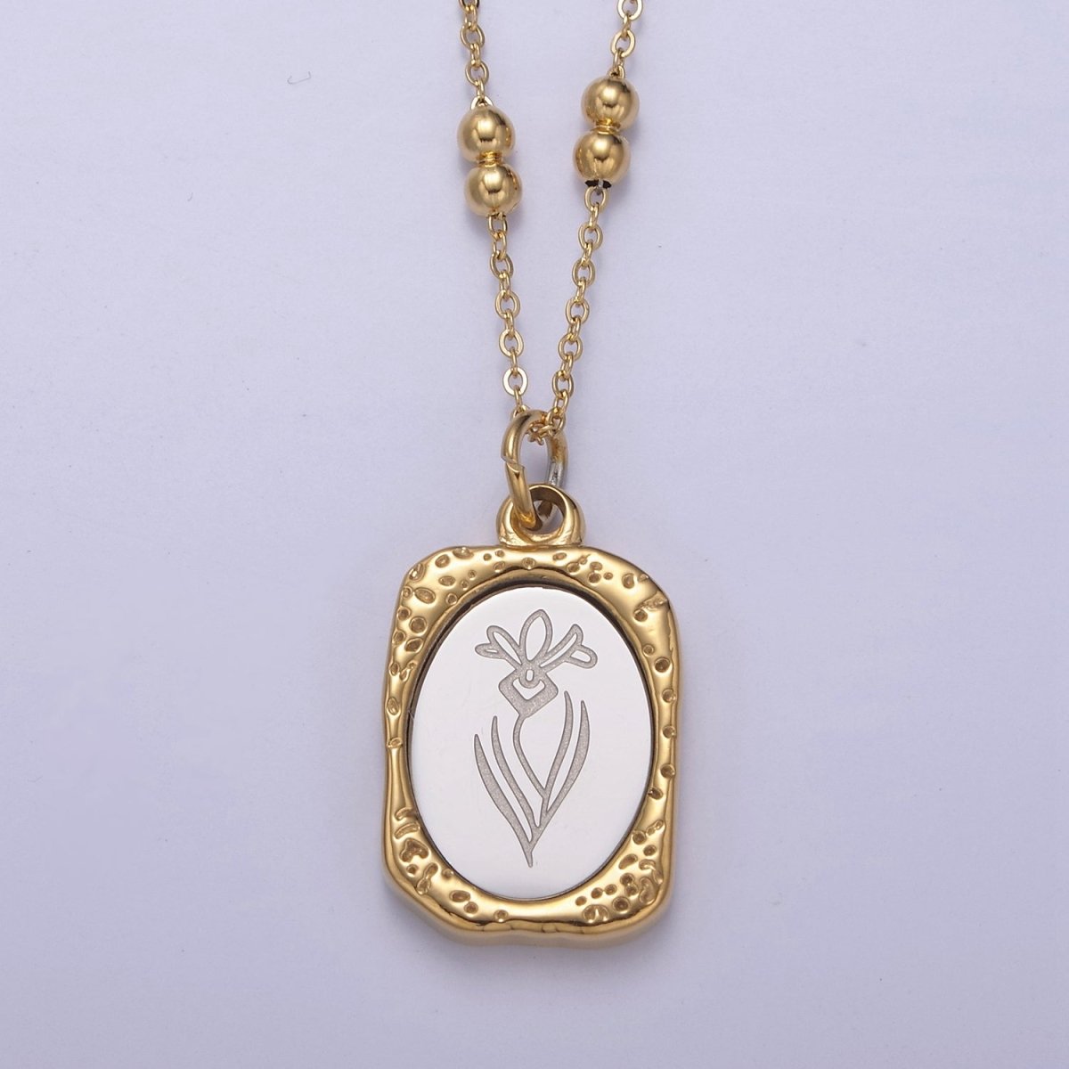 Gold Flower Tag Charm Engraved Floral Pendant Necklace with Satellite Chain Necklace Wholesale Fashion Jewelry | WA-708 to WA-720 Clearance Pricing