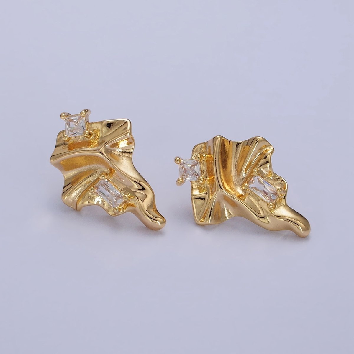 Gold Geometric Abstract Foil Clear CZ Square Baguette Stud Earrings | AB133