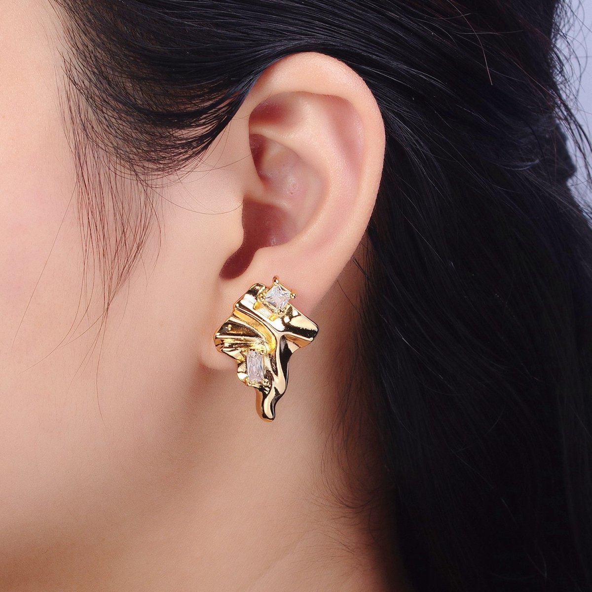Gold Geometric Abstract Foil Clear CZ Square Baguette Stud Earrings | AB133