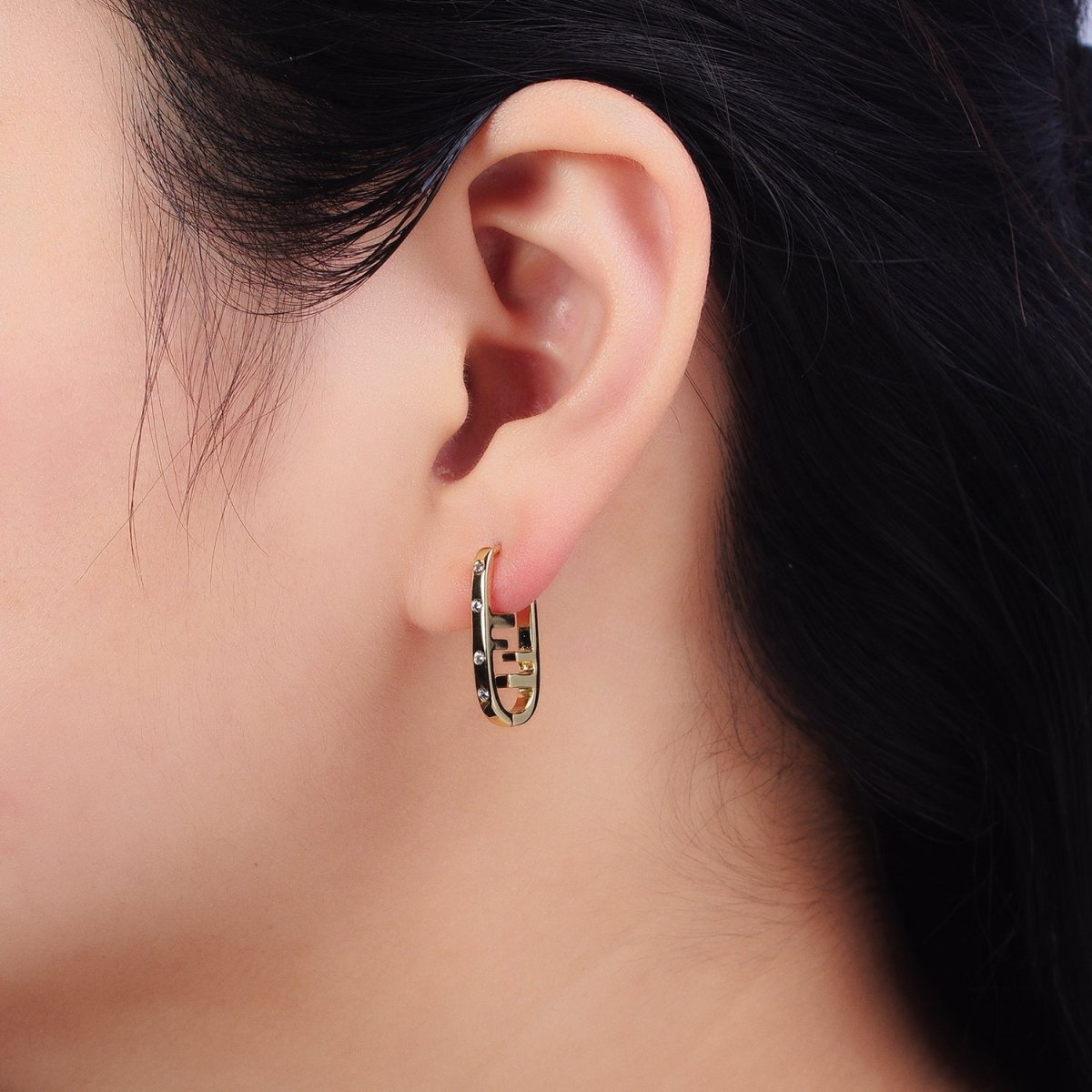 Gold Geometric Bar Lined Dotted CZ Lined Oblong U-Shaped Hoop Earrings | AB416