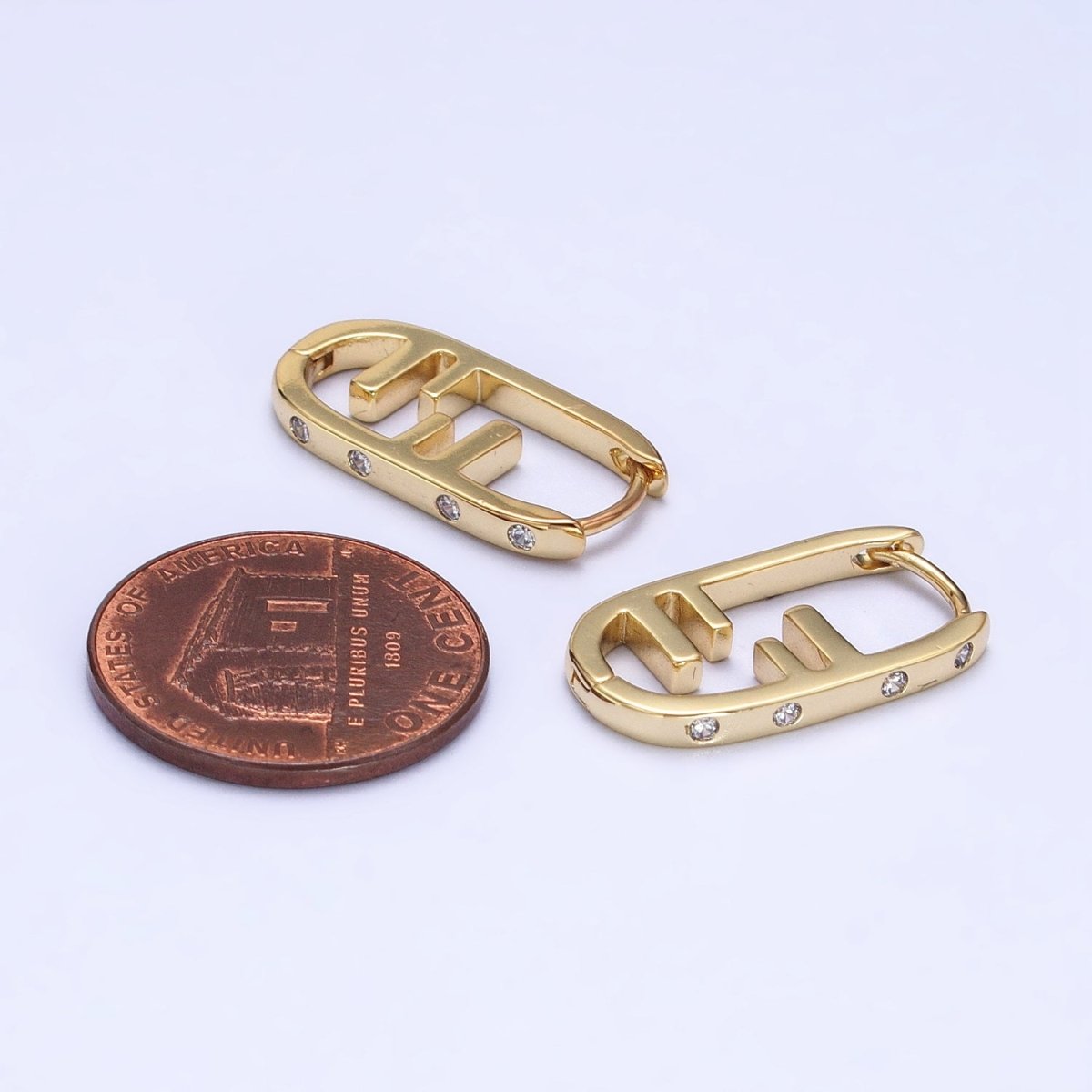 Gold Geometric Bar Lined Dotted CZ Lined Oblong U-Shaped Hoop Earrings | AB416