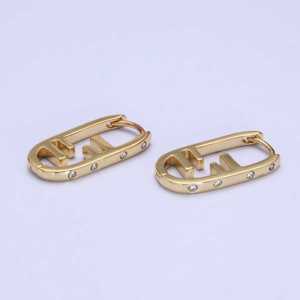 Gold Geometric Bar Lined Dotted CZ Lined Oblong U-Shaped Hoop Earrings | AB416