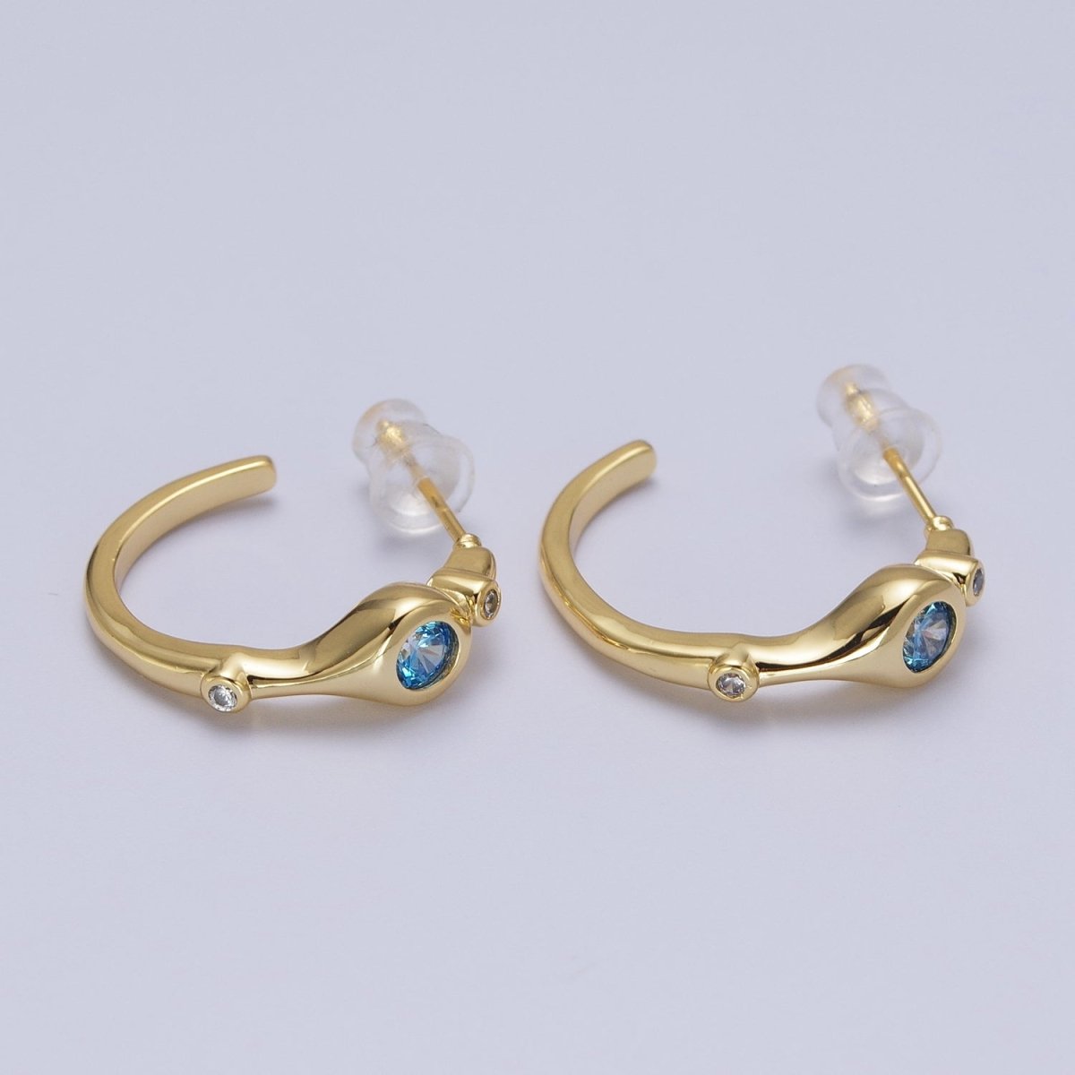 Gold Geometric Blue CZ Round Mini 20mm Stud Hoops Earrings | AD-199