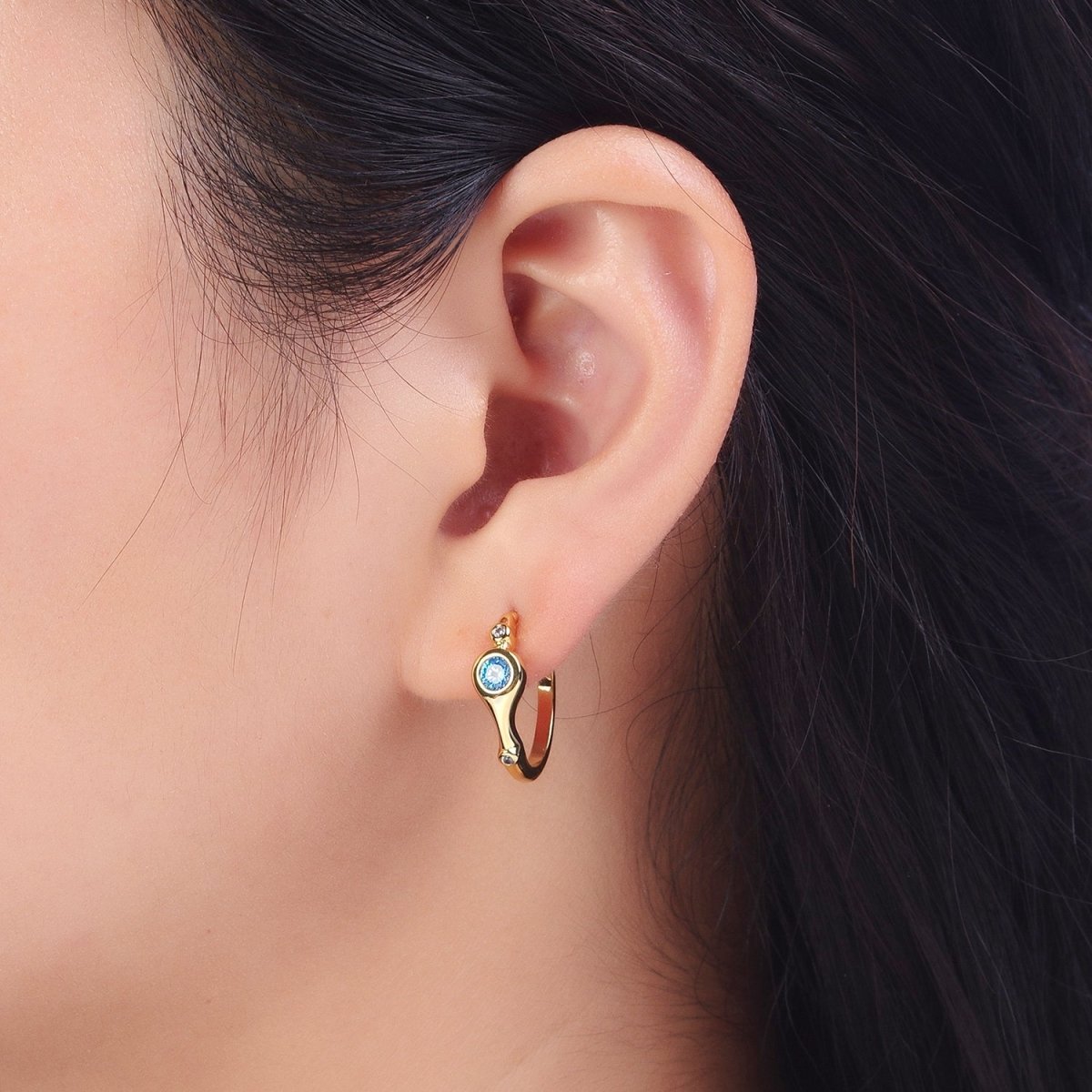 Gold Geometric Blue CZ Round Mini 20mm Stud Hoops Earrings | AD-199