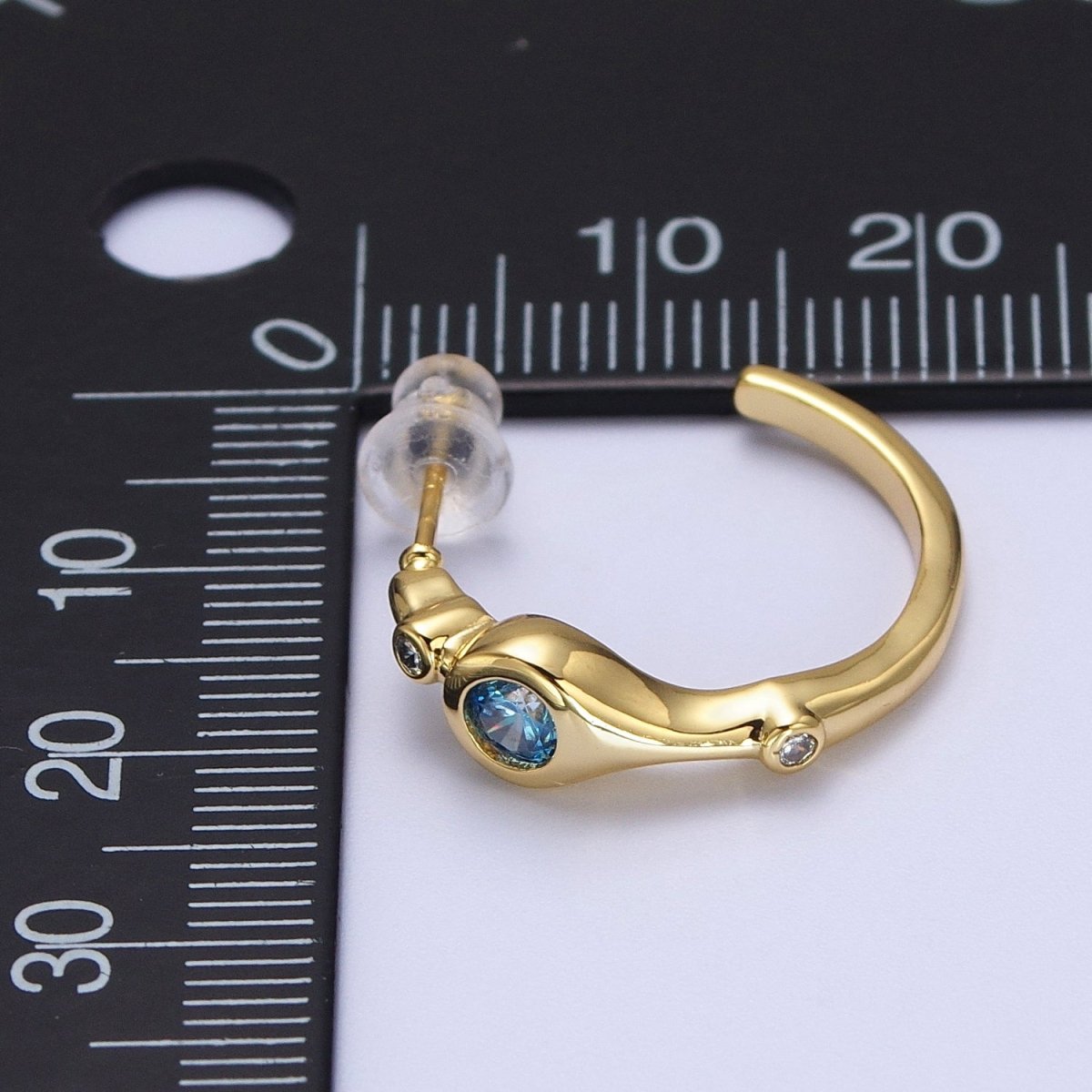 Gold Geometric Blue CZ Round Mini 20mm Stud Hoops Earrings | AD-199
