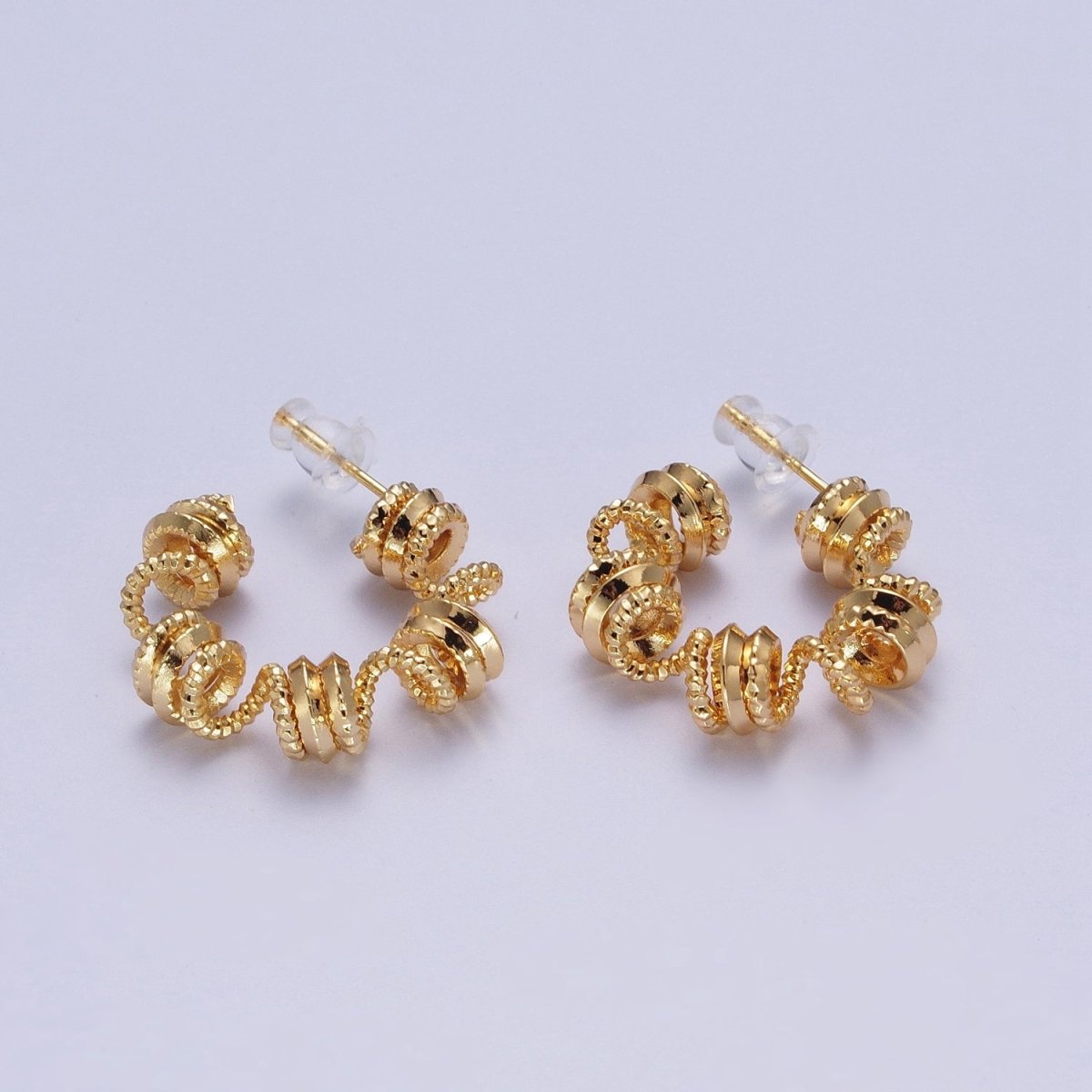 Gold Geometric Edged Spiral Coil Band C-Shaped Hoop Earrings | AE1020