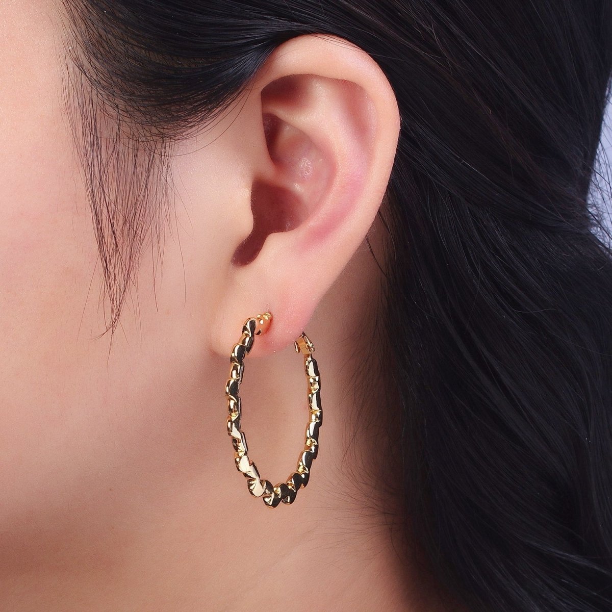 Gold Geometric Gear 40mm Modern Hoop Earring Q-085