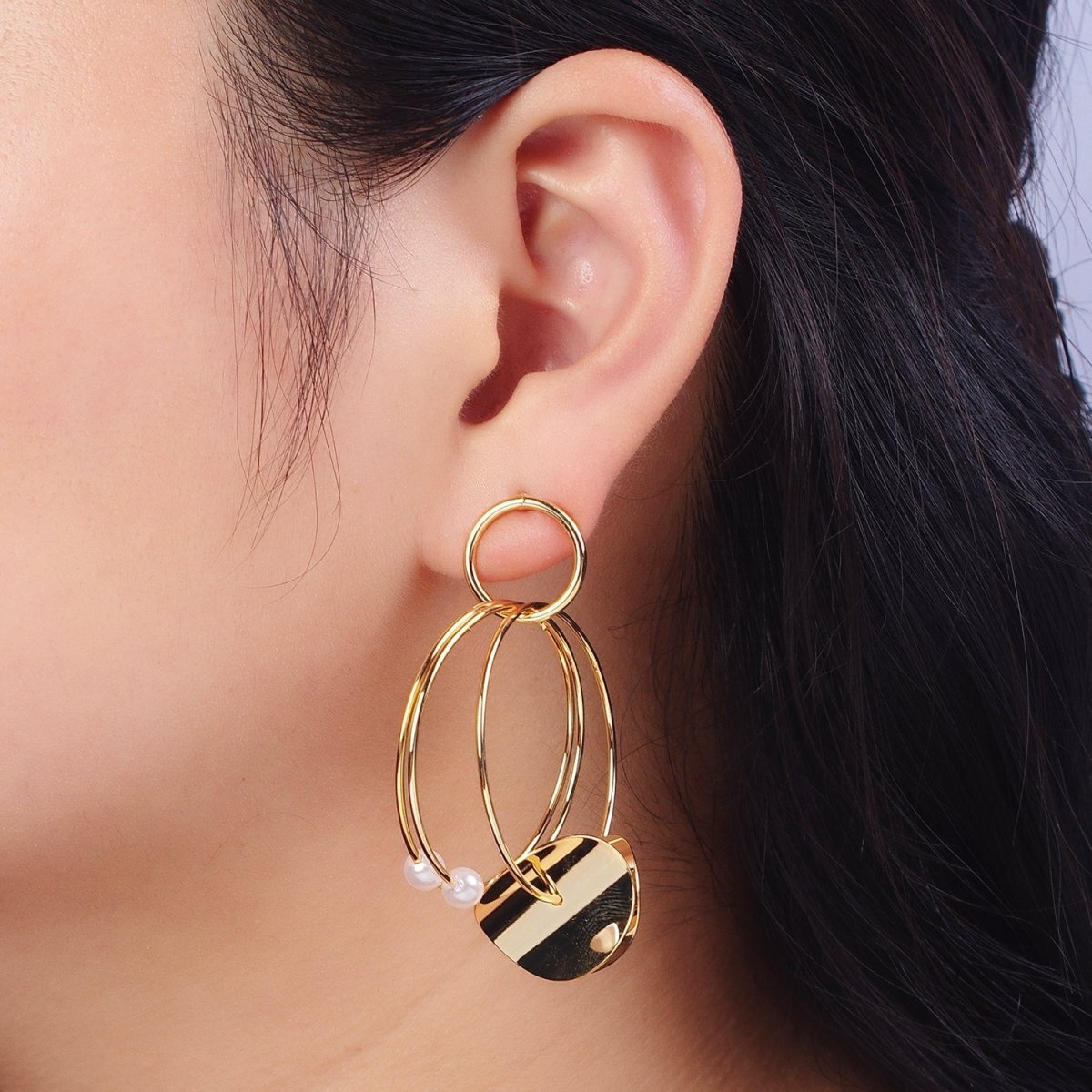 Gold Geometric Multiple Circle Hoop Pearl Drop Earrings | AD-151