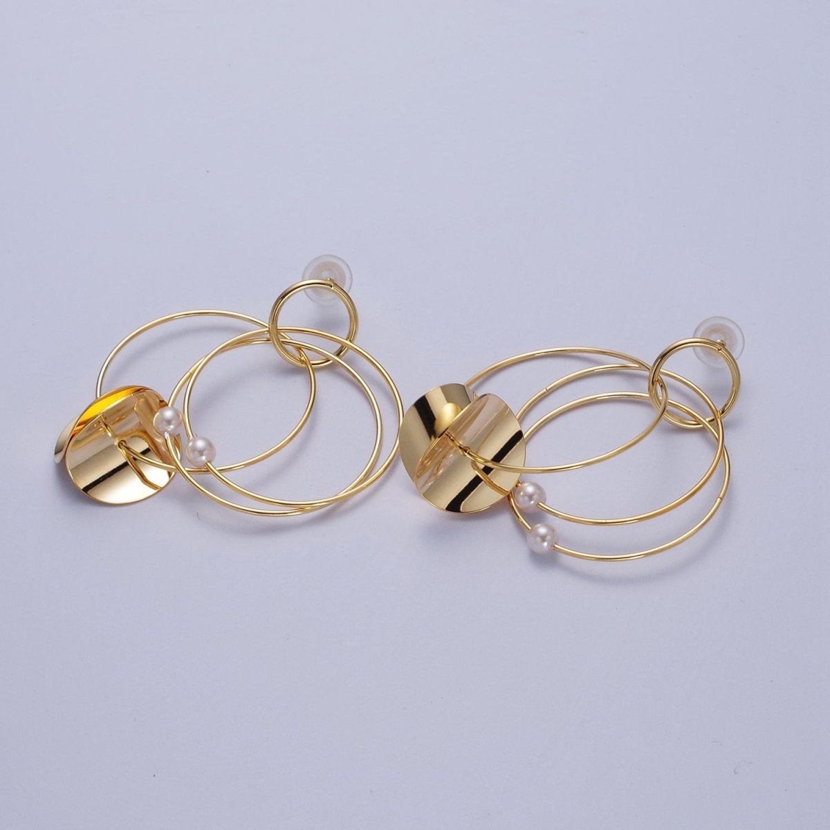 Gold Geometric Multiple Circle Hoop Pearl Drop Earrings | AD-151