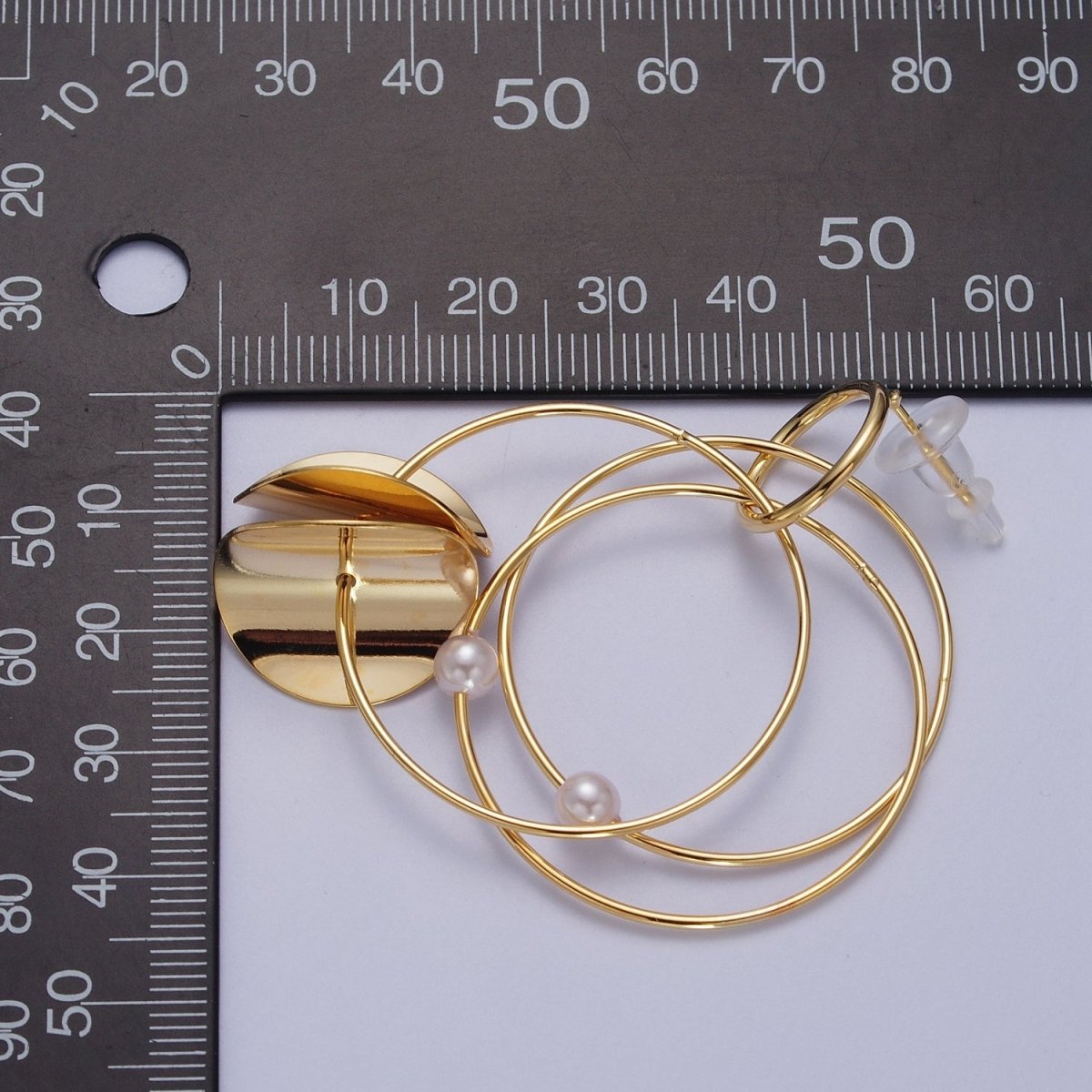 Gold Geometric Multiple Circle Hoop Pearl Drop Earrings | AD-151