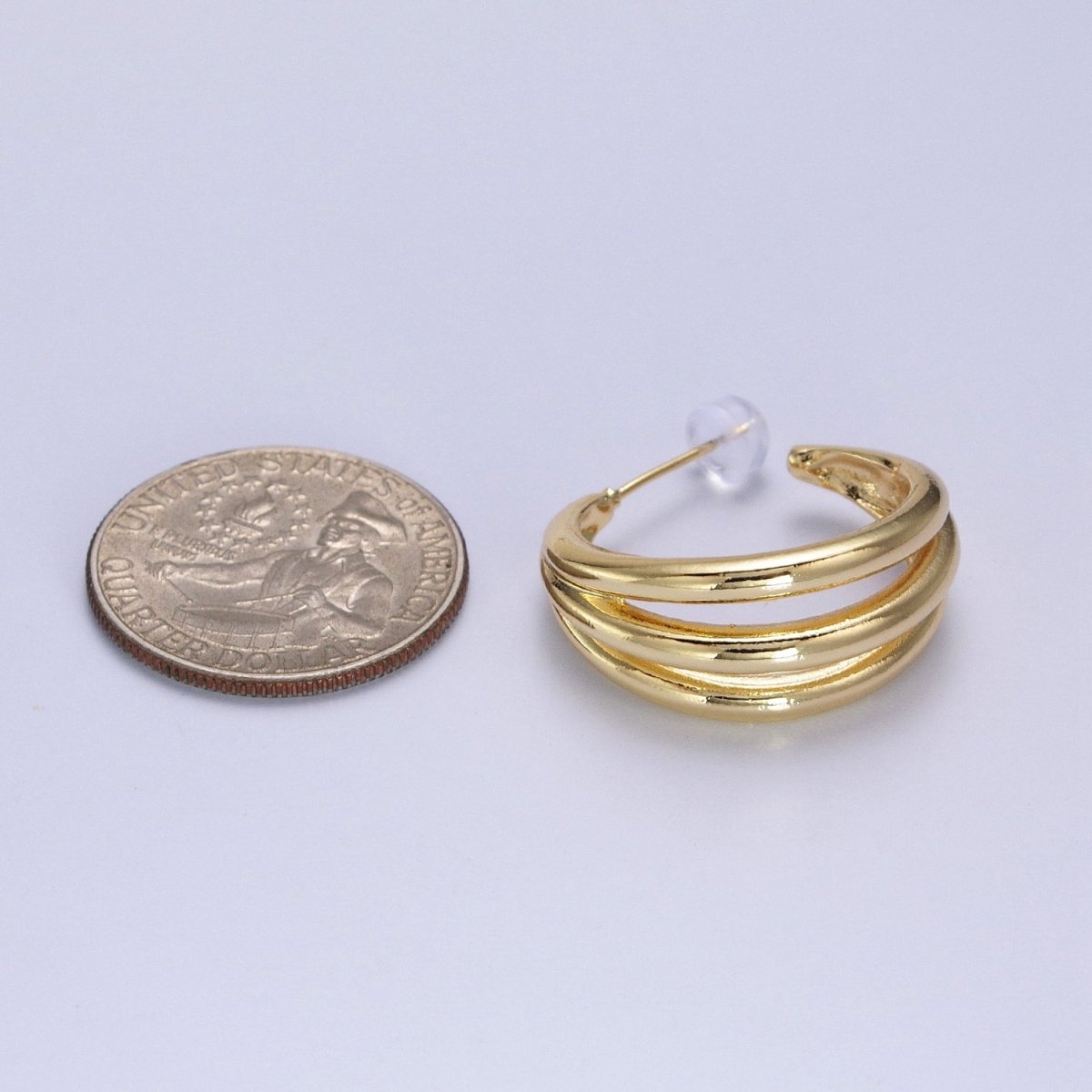 Gold Geometric Triple Bar C-Shaped 25mm Hoop Earrings | AB059