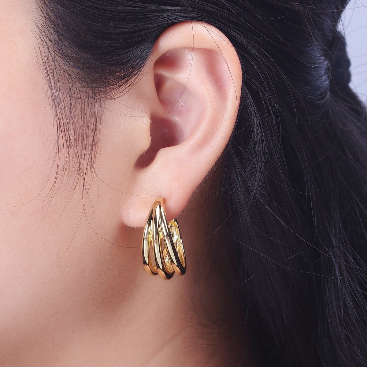 Gold Geometric Triple Bar C-Shaped 25mm Hoop Earrings | AB059