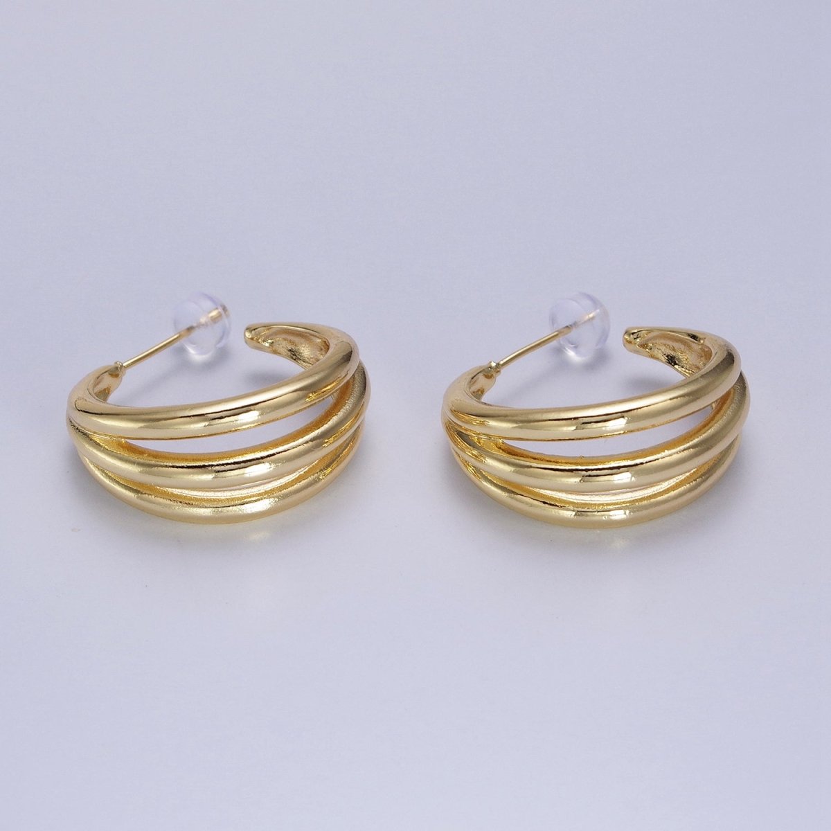 Gold Geometric Triple Bar C-Shaped 25mm Hoop Earrings | AB059