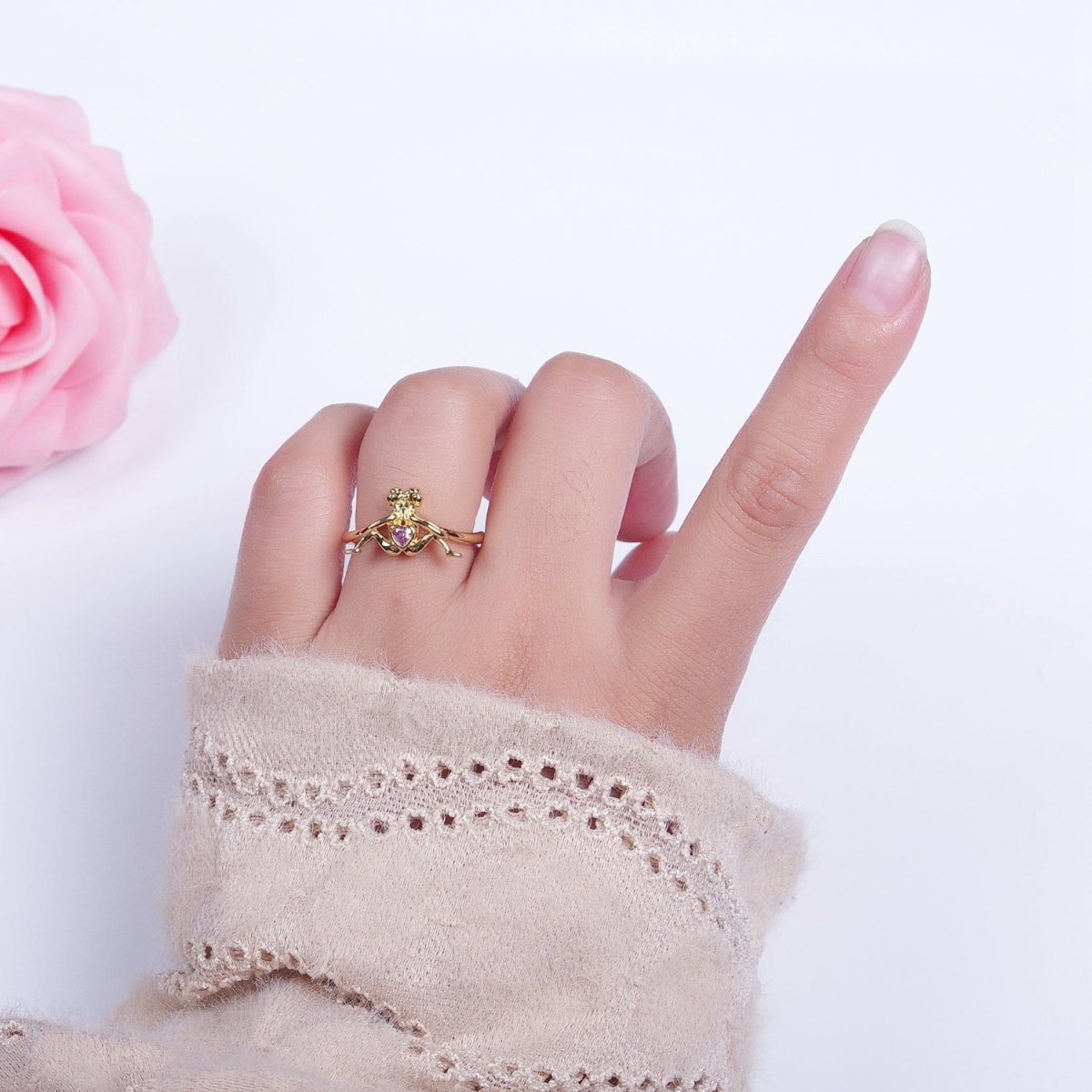 Gold Greek Myth of Soulmates, Lesbian Couple with Pink Heart Cubic Zirconia Between Adjustable Ring | U-237
