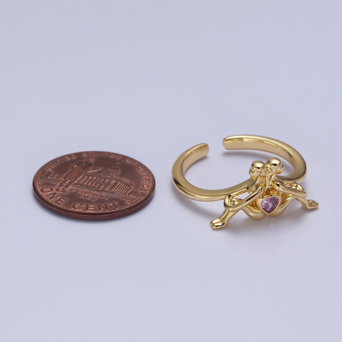 Gold Greek Myth of Soulmates, Lesbian Couple with Pink Heart Cubic Zirconia Between Adjustable Ring | U-237