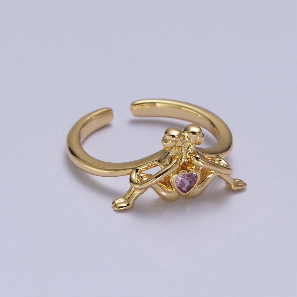Gold Greek Myth of Soulmates, Lesbian Couple with Pink Heart Cubic Zirconia Between Adjustable Ring | U-237
