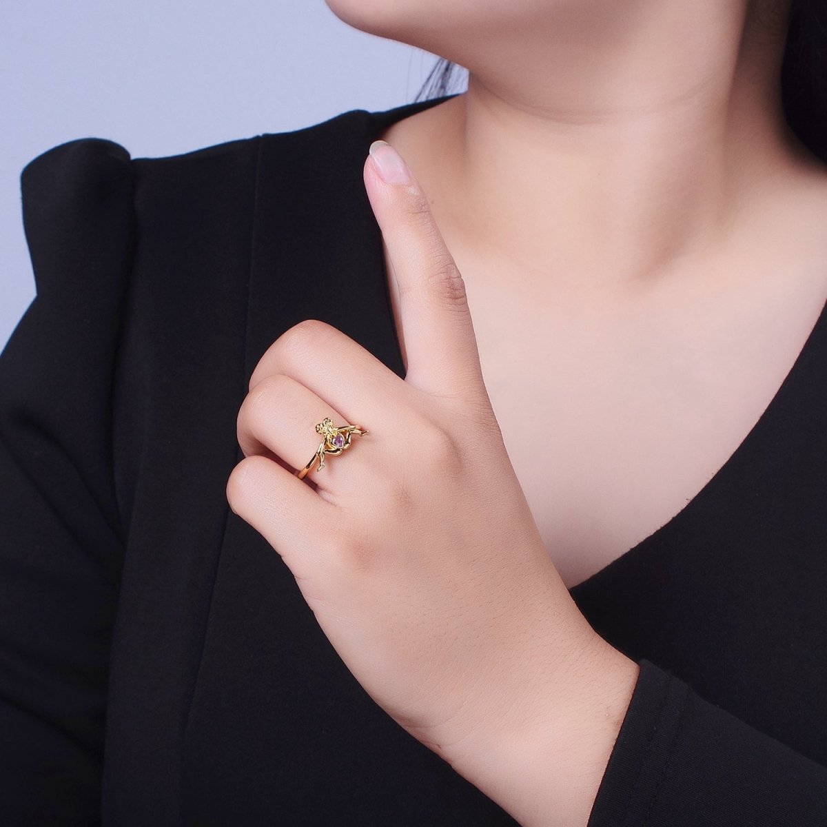 Gold Greek Myth of Soulmates, Lesbian Couple with Pink Heart Cubic Zirconia Between Adjustable Ring | U-237