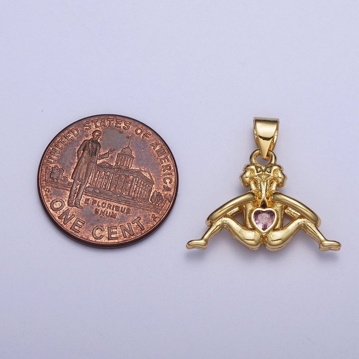 Gold Greek Myth of Soulmates Pendants, Lesbian Couple with Pink Heart Cubic Zirconia Between For Jewelry Making | X473