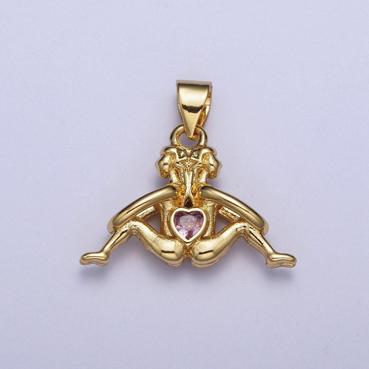 Gold Greek Myth of Soulmates Pendants, Lesbian Couple with Pink Heart Cubic Zirconia Between For Jewelry Making | X473