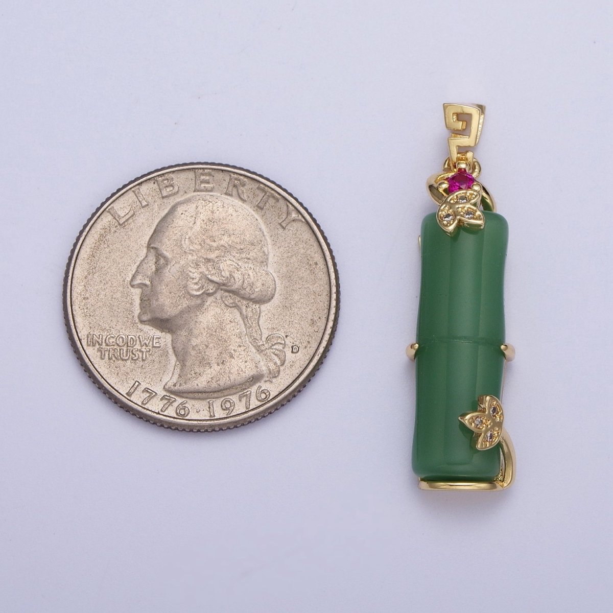 Gold Green Bamboo Bar Micro Paved CZ Leaf For Nature Jewelry | X-676