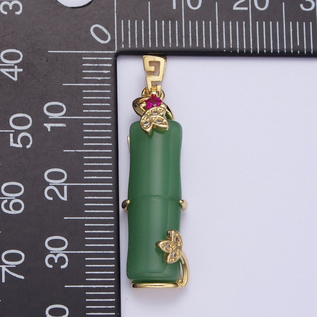 Gold Green Bamboo Bar Micro Paved CZ Leaf For Nature Jewelry | X-676