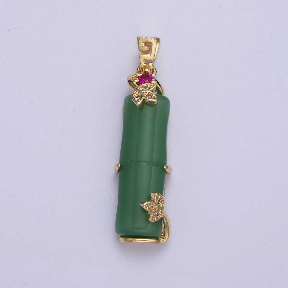Gold Green Bamboo Bar Micro Paved CZ Leaf For Nature Jewelry | X-676