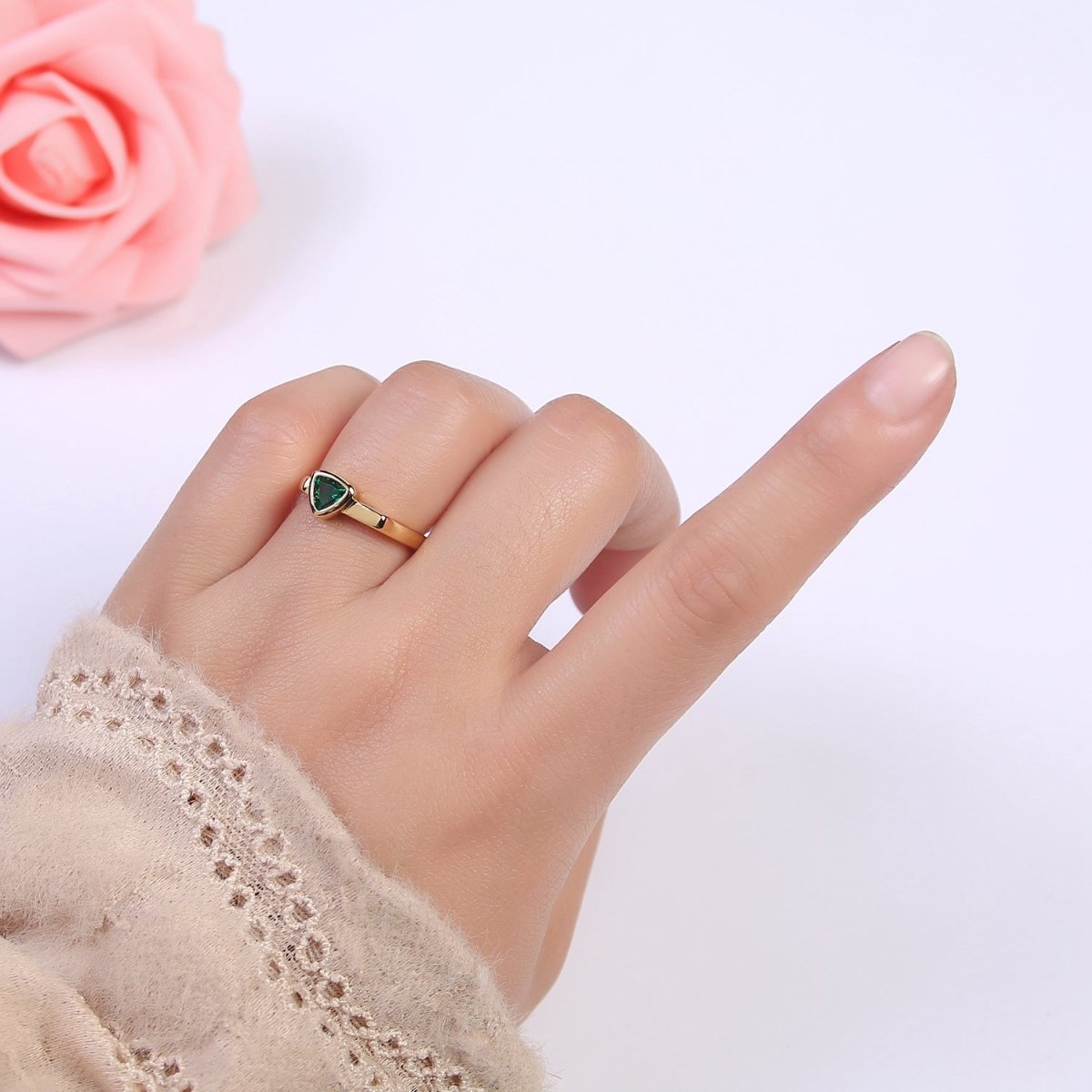 Gold Green CZ ring, Emerald ring, open ring, adjustable ring, green stone ring, dainty ring, stackable ring U-501