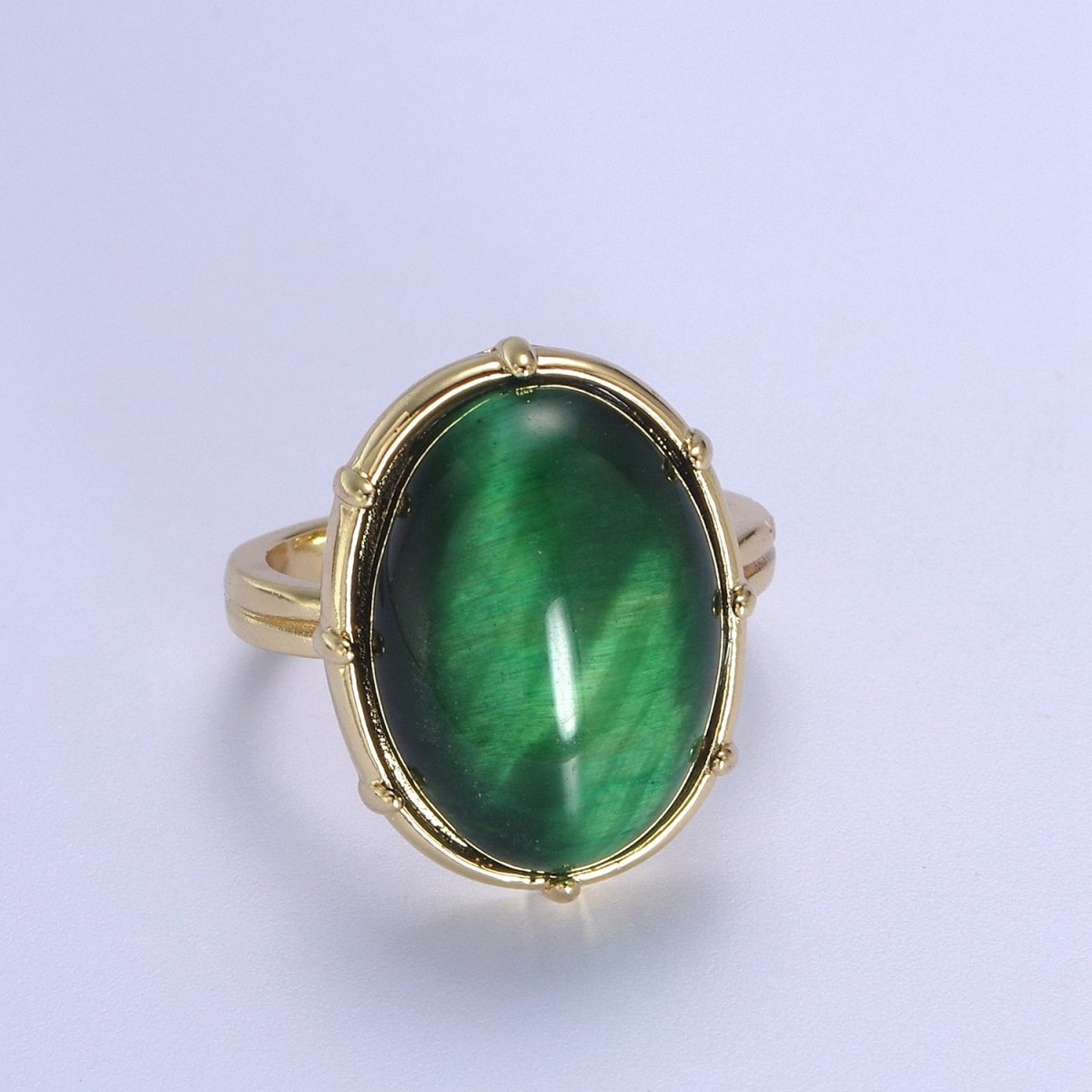 Gold Green Tiger Eye Rings | Oval Gemstone Signet Ring | Gold Gem Stone Rings | Chunky Gold Statement Ring U-370