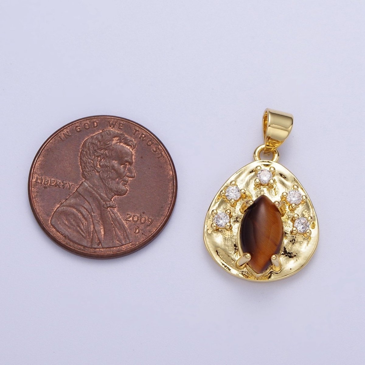 Gold Hammered Coin Cubic Zirconia Natural Red Jasper, Amethyst, Tiger Eye Pendant For Jewelry Making H-854 H-855 H-877