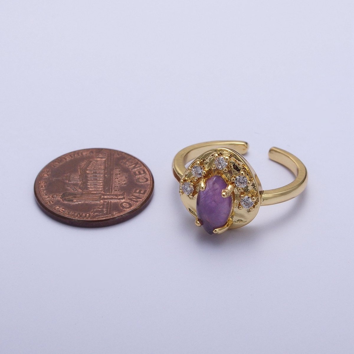 Gold Hammered Cubic Zirconia Marquise Natural Gemstone Adjustable Ring | O-020 O-021 O-022
