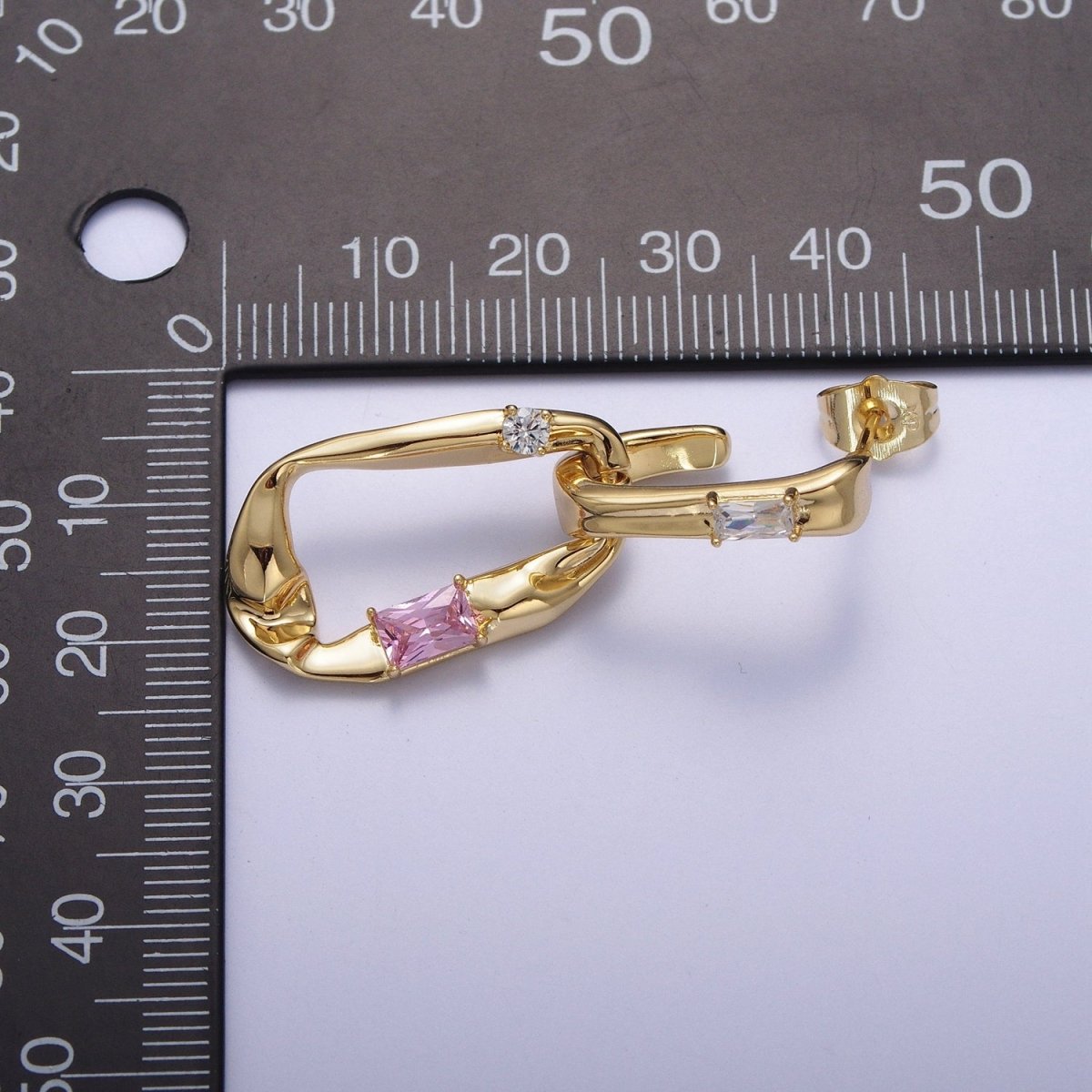 Gold Hammered J Shaped Hoop Abstract Baguette Cubic Zirconia Dangle Drop Stud Earrings | AD-060