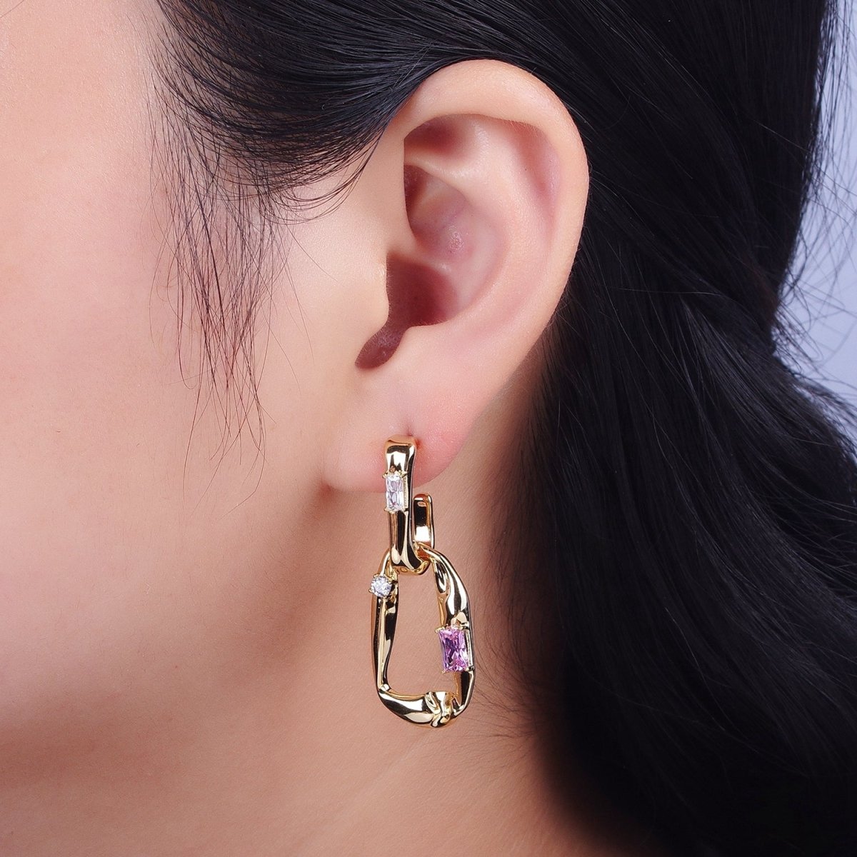 Gold Hammered J Shaped Hoop Abstract Baguette Cubic Zirconia Dangle Drop Stud Earrings | AD-060